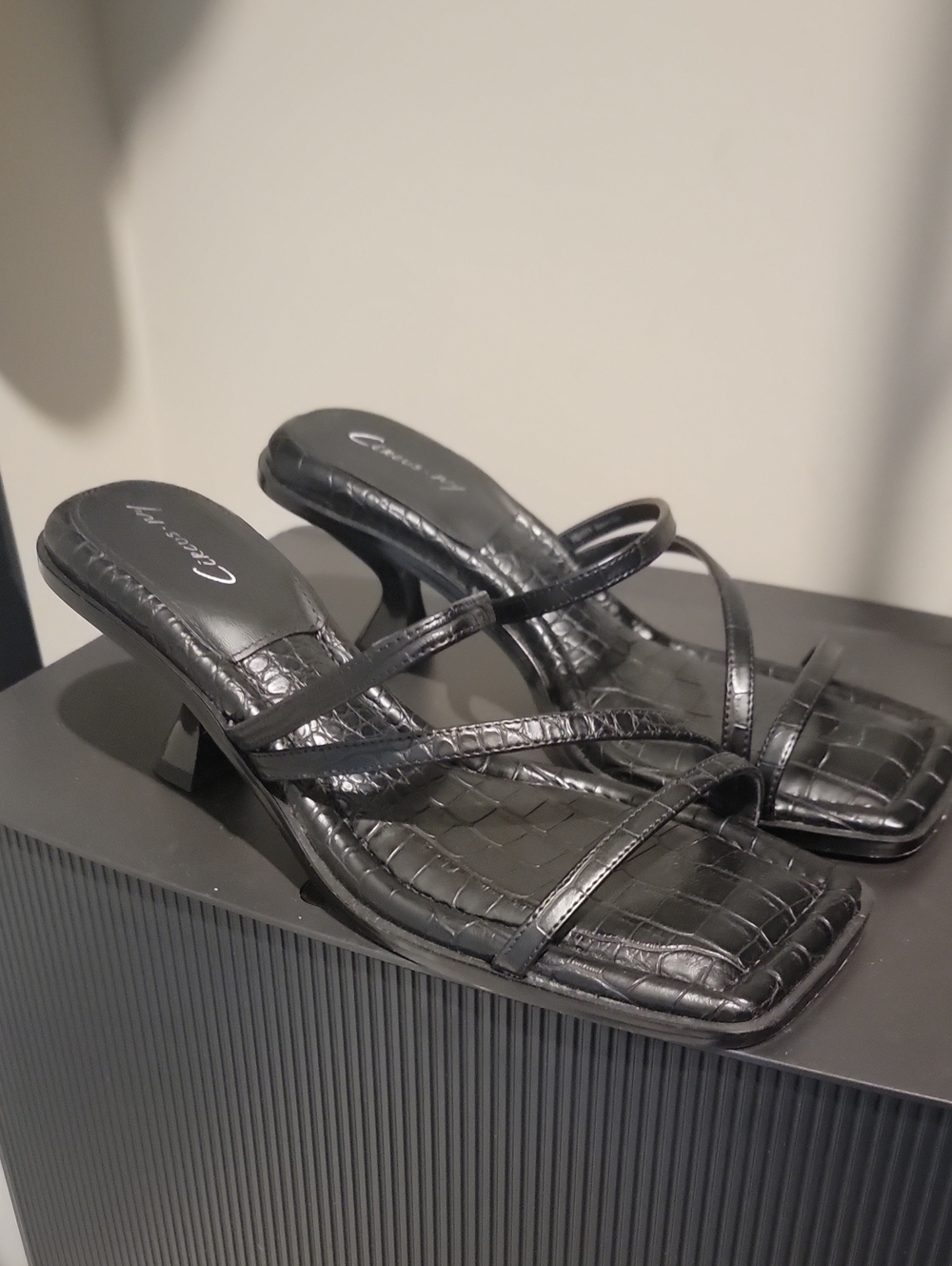 Crescent Black Croc-Embossed Strappy Mule Heels